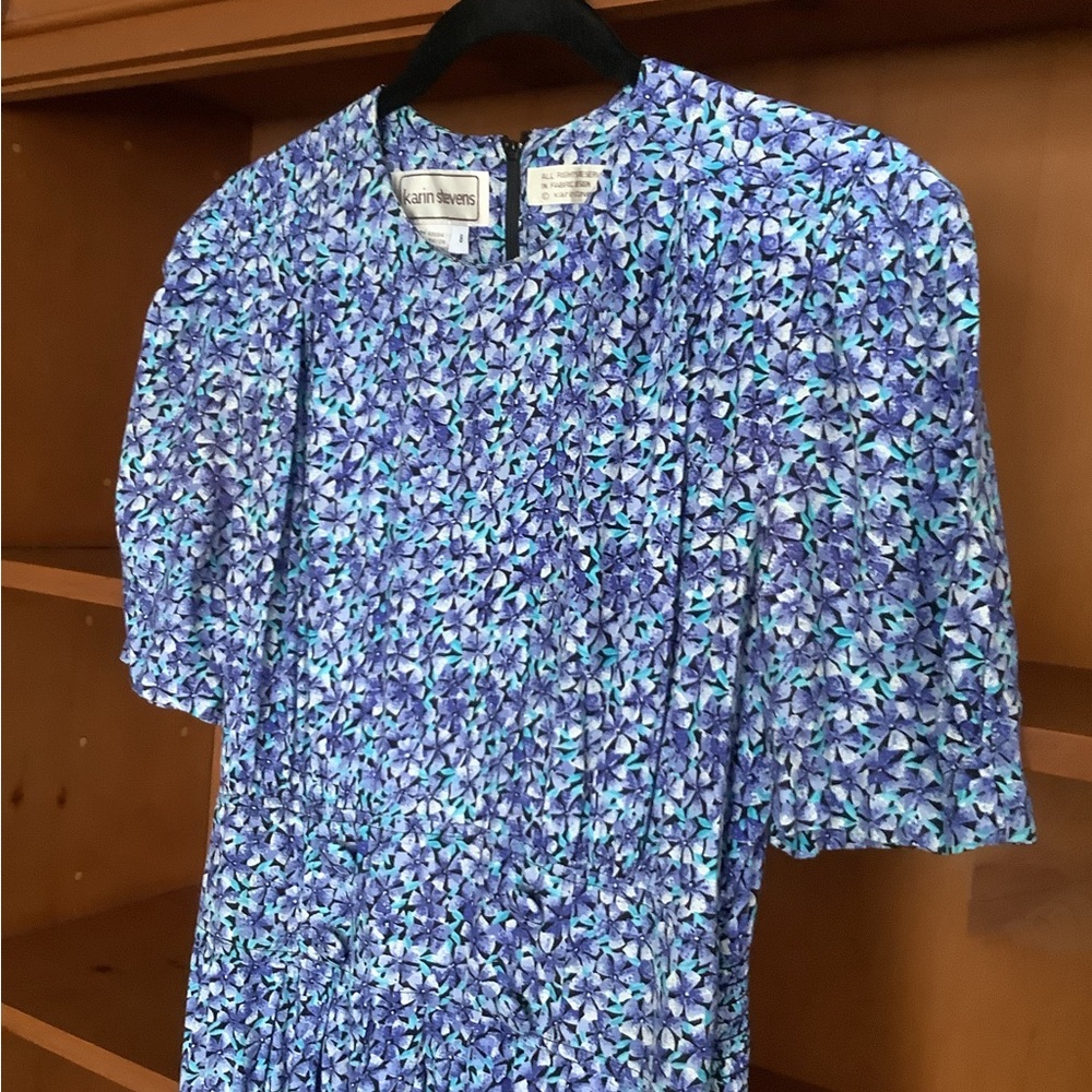 VTG 80s Karin Stevens Blue Floral Midi Dress Size 8 | Prairie Secretary Dress - Picture 5 of 14